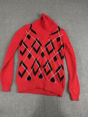 Liz Claiborne Womens Red Argyle Knit High Collar Button Detail Sweater S